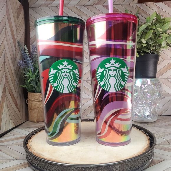 Starbucks Christmas Pink Red Ribbons Stripe & Red Green Ribbon Venti Tumbler - Picture 2 of 7